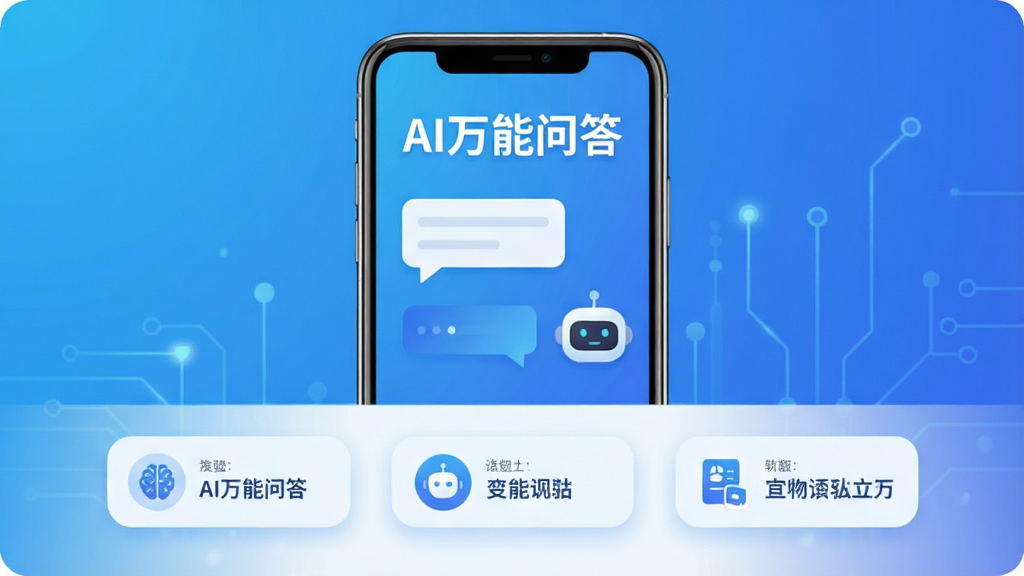 AI万能问答软件主界面展示,主体为居中放置的智能手机,屏幕亮起显示对话气泡与机器人头像,布局采用上下结构,上方标题区域写有