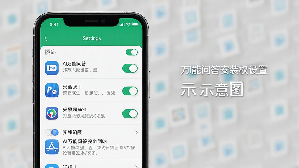 AI万能问答安装权限设置示意图,主体为手机屏幕显示设置菜单,布局为纵向列表,排版清晰,风格为系统设置界面,细节包括权限开关按钮、应用图标、文字说明,画质高清,画面干净