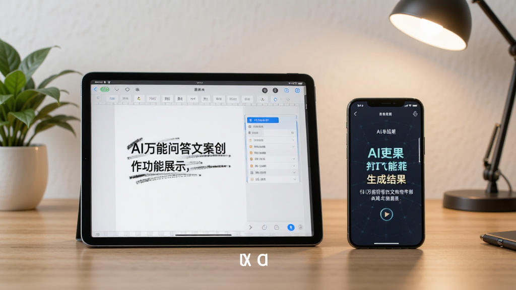 AI万能问答文案创作功能展示,主体为一台平板电脑与一部手机并排摆放,屏幕分别显示文字编辑界面与AI生成结果,布局为左右对比,排版清晰,风格为商务办公场景,细节包括木质桌面、绿植点缀、柔和灯光,画质高清,画面干净