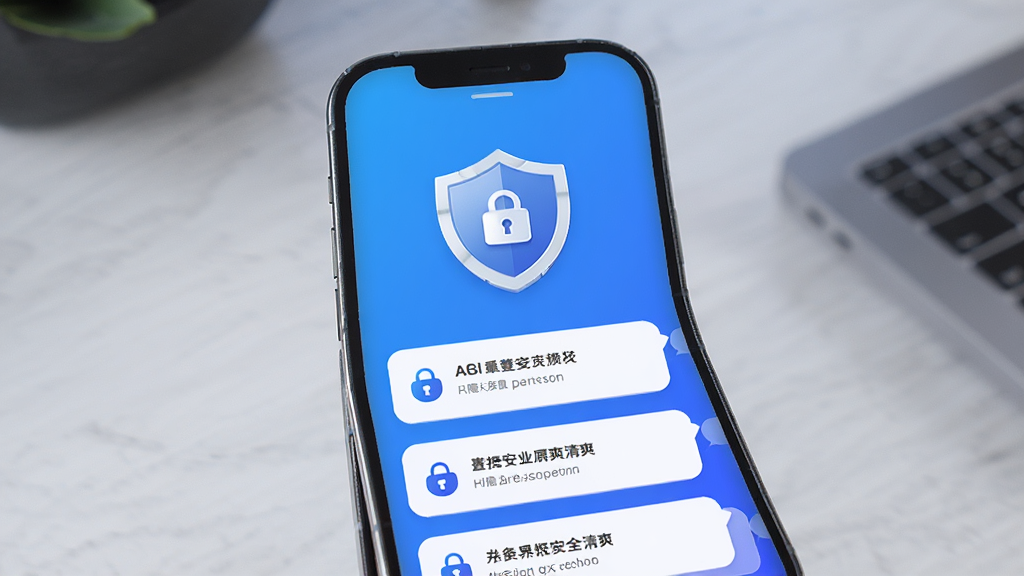 AI万能问答隐私安全与清爽界面展示,主体为手机屏幕,屏幕内显示盾牌图标与对话列表,布局为居中展示,排版简洁,风格为安全防护主题,细节包括蓝色渐变背景、白色卡片、锁形图标,画质高清,干净无广告元素