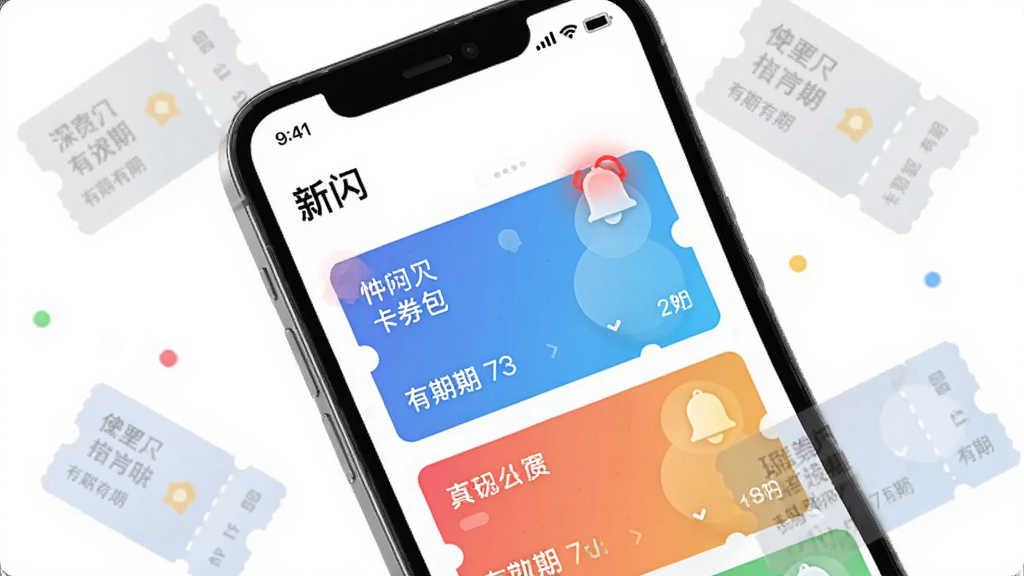 手机屏幕显示“新闪”的卡券包界面,多张不同颜色的虚拟卡券整齐排列,每张卡券上标注了名称和有效期。其中一张卡券上方有一个红色小铃铛图标,表示到期提醒。手机背景为纯白色,周围散落着几张半透明的优惠券图形作为装饰。整体风格轻盈、现代,突出管理便捷的特点。