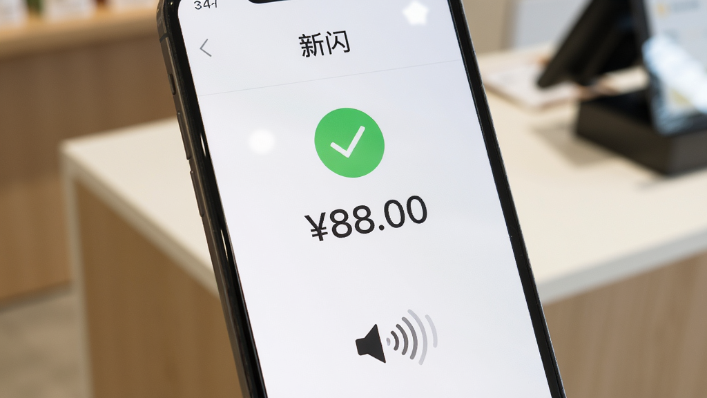 手机屏幕特写,屏幕中显示“新闪”的收款成功页面,一个绿色对勾图标和金额数字“88.00”醒目居中。屏幕下方有一个扬声器图标和声波纹理,表示语音播报正在进行。背景是简洁的店铺柜台一角,虚化处理。整体风格写实且干净,光线柔和,突出交易成功的安心感。