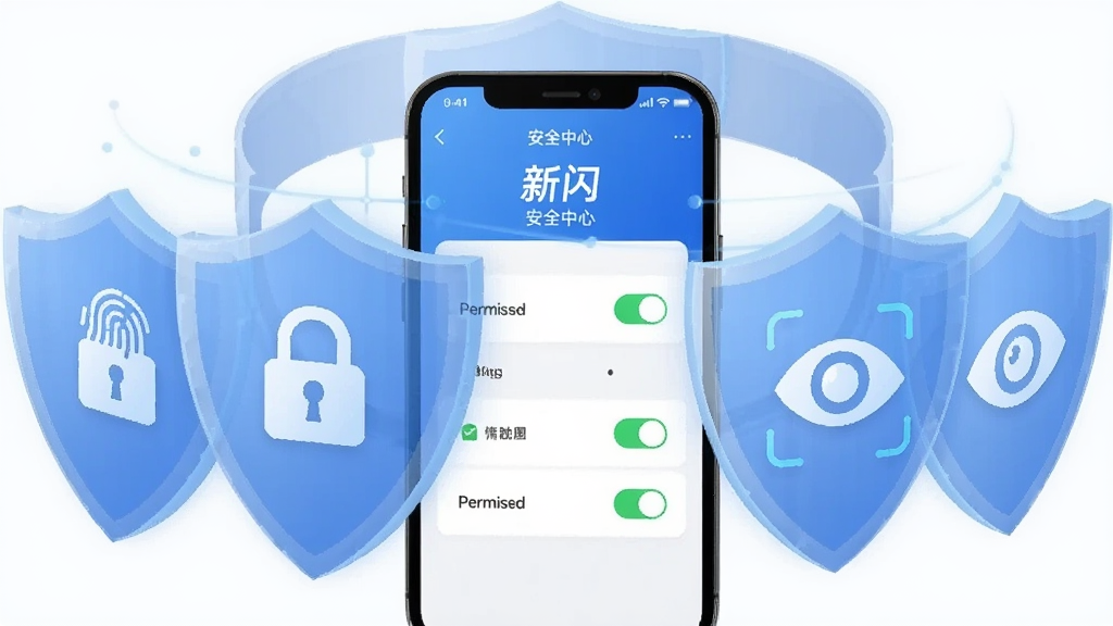 一幅表现安全防护概念的插画,画面中央是一部手机,手机外围环绕着三层半透明的蓝色盾牌,盾牌上分别有锁形图标、指纹图标和眼睛图标。手机屏幕显示“新闪”的安全中心页面,有多个权限开关按钮。整体色调偏冷,以蓝色和白色为主,风格科技感强,画面干净无多余文字。