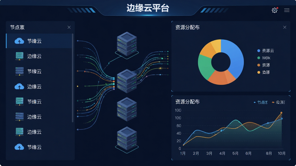 画面主体为“边缘云平台”的云端资源调度中心界面,布局采用左右分栏,左侧为节点列表,右侧为资源分配饼状图与折线图。风格为扁平化科技风,细节包含动态数据流动线条、服务器机架图标。画质高清,画面干净,无多余元素。
