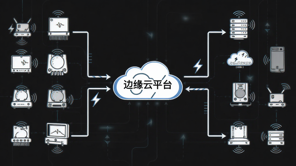 画面以“边缘云平台”为核心,展示数据从终端设备传输至边缘节点再返回的路径图。布局采用横向流程图,风格为简约线条插画,细节包含闪电符号代表低延迟、多个终端设备图标。画质高清,画面干净,无多余元素。