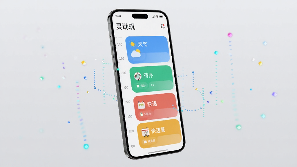 手机屏幕显示“灵动”的时间轴界面,左侧是时间刻度,右侧排列着天气、待办、快递等彩色信息卡片,卡片带有小图标。背景为浅灰色,手机悬浮在画面中央,周围有微小的数据流粒子效果。整体风格干净、现代,画质高清,无多余装饰。