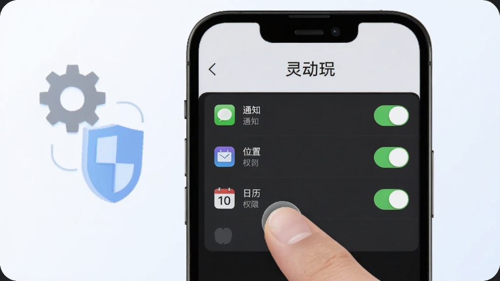 手机屏幕显示“灵动”的权限管理界面,列表中有通知、位置、日历等权限开关,其中一个开关被手指点击。背景为浅色,手机旁有齿轮和盾牌图标。风格简洁,画质清晰,无多余元素。“灵动”文字出现在顶部。