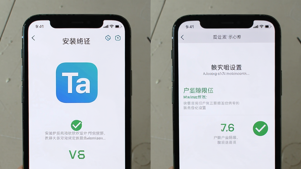 Ta软件新手操作示意图,手机屏幕展示安装步骤和权限设置界面,画面中有