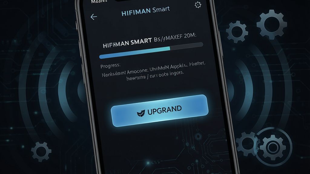 一张展示HIFIMAN Smart固件升级界面的图片,手机屏幕上显示进度条和升级说明文字,背景是暗色科技风格,周围有抽象的无线信号波纹和齿轮图标,画面中心突出升级按钮,布局居中,风格现代,细节清晰,画质高清,干净,无多余元素