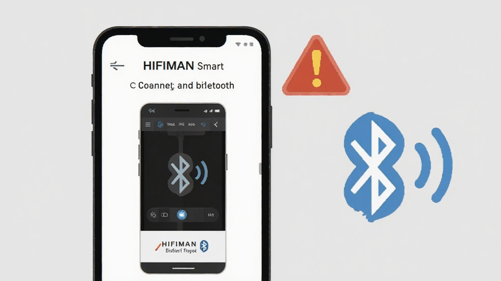 一张展示HIFIMAN Smart新手操作提示的插画,画面中一部手机屏幕显示连接步骤示意图,旁边有警告图标和蓝牙信号符号,背景为浅灰色,风格扁平化教育类,布局清晰,细节明了,画质高清,干净,无多余元素
