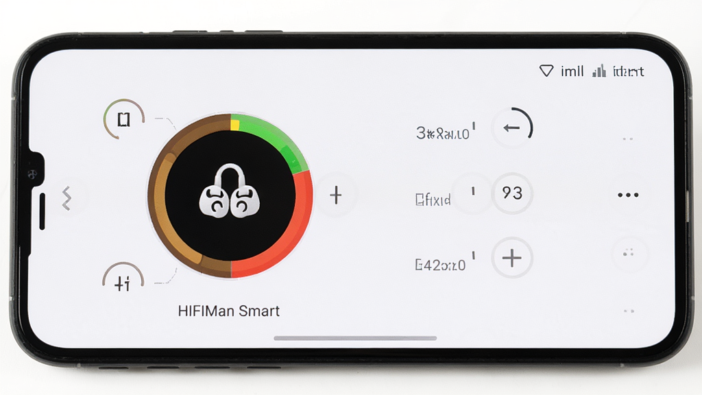 一张展示HIFIMAN Smart电量监控界面的图片,手机屏幕显示耳机和充电盒的环形电量图,旁边有音频编码格式标签,背景为干净的白色,画面简洁明亮,布局清晰,风格清新,细节到位,画质高清,干净,无多余元素