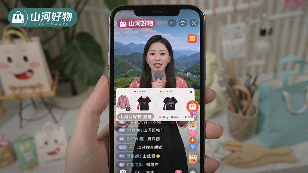 画面展示山河好物直播购物场景,主体为手机屏幕中的直播间界面,包含主播讲解画面、商品链接浮窗与评论互动区,布局采用竖屏构图,风格活泼亲切,细节包含“山河好物”直播间标识与购物袋图标,画质清晰,干净无多余元素