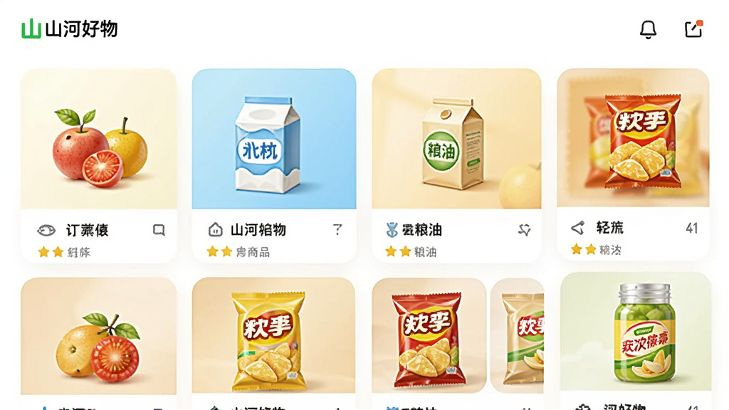 画面展示山河好物应用内商品分类页面,主体为多个商品分类图标与商品卡片,布局采用网格排列,风格清新明快,细节包含水果、奶粉、粮油、零食等图标及“山河好物”应用名称,画质清晰,干净无多余元素