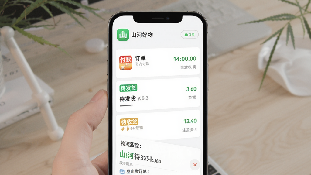 画面展示山河好物订单管理页面,主体为手机屏幕中的订单列表与物流跟踪信息,布局采用上下结构,风格简约清爽,细节包含待付款、待发货、待收货状态标签及“山河好物”应用图标,画质清晰,干净无多余元素