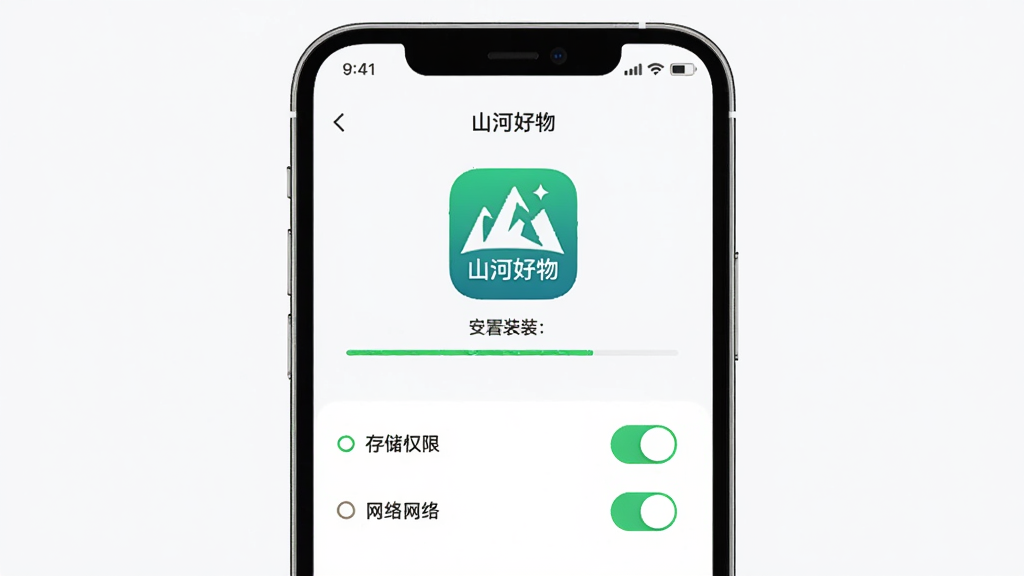 画面展示山河好物应用在手机上的安装与权限设置界面,主体为手机屏幕显示安装进度与权限开关,布局采用居中构图,风格简洁科技感,细节包含“山河好物”应用图标、存储权限与网络权限开关,画质清晰,干净无多余元素