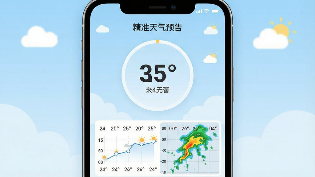 一张手机屏幕展示精准天气预告APP主界面的图片,画面中央是一个大号的圆形温度显示区域,下方排列着未来24小时的天气趋势折线图与分钟级降水雷达图,背景是柔和的淡蓝色渐变天空,角落有云朵和太阳的简约图标,风格清新扁平化,画质清晰,文字标注“精准天气预告”,干净无多余元素