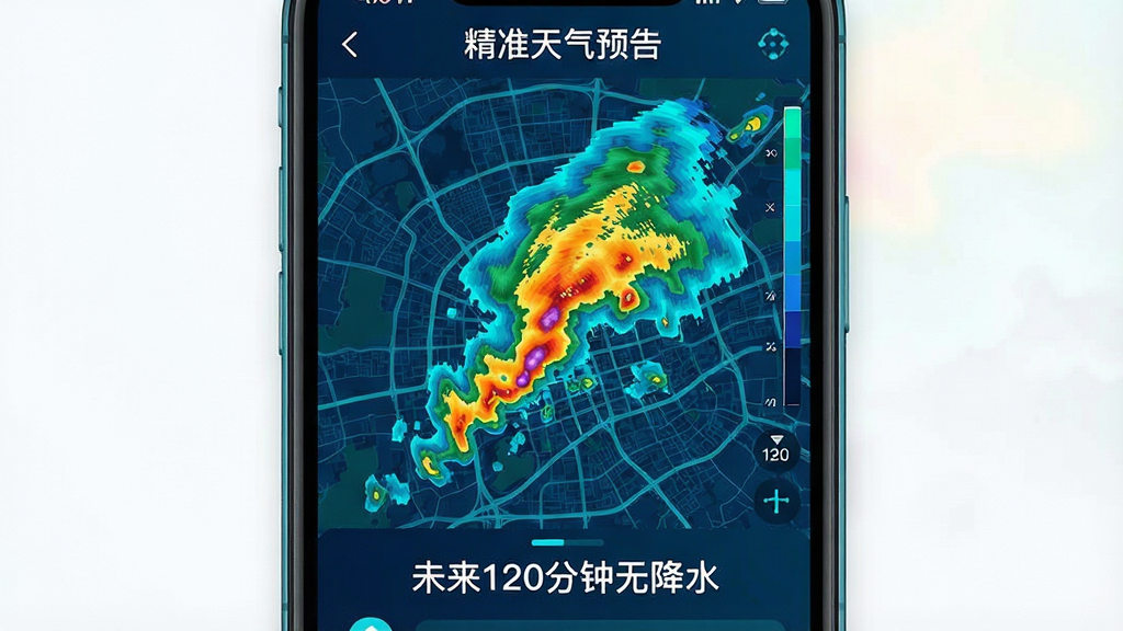 一张展示精准天气预告APP分钟级降水雷达图的图片,画面主体是一个手机界面,界面中显示着彩色雷达回波图覆盖在城市地图上,下方有“未来120分钟无降水”的文字提示,界面风格科技感十足,配色以深蓝和青色为主,画质清晰,文字标注“精准天气预告”,干净无多余元素