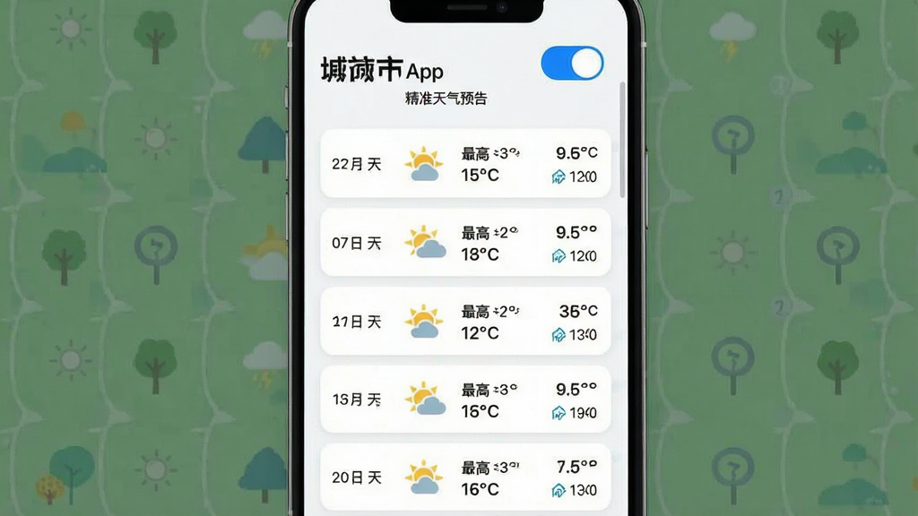 一张展示精准天气预告APP十五天趋势天气列表的图片,画面是一个竖向排列的天气列表,每行包含日期、天气图标、最高最低温度和降水概率,背景是干净的白色卡片式布局,顶部有城市名称和切换按钮,风格简约现代,画质清晰,文字标注“精准天气预告”,干净无多余元素