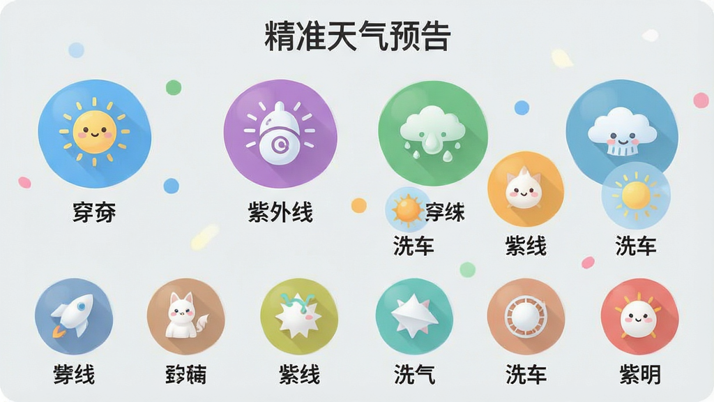 一张展示精准天气预告APP生活指数页面的图片,画面是彩色圆形图标组成的网格布局,每个图标代表一种生活指数如穿衣、紫外线、洗车等,图标下方有简短文字说明,背景是浅灰色,风格清新可爱,画质清晰,文字标注“精准天气预告”,干净无多余元素