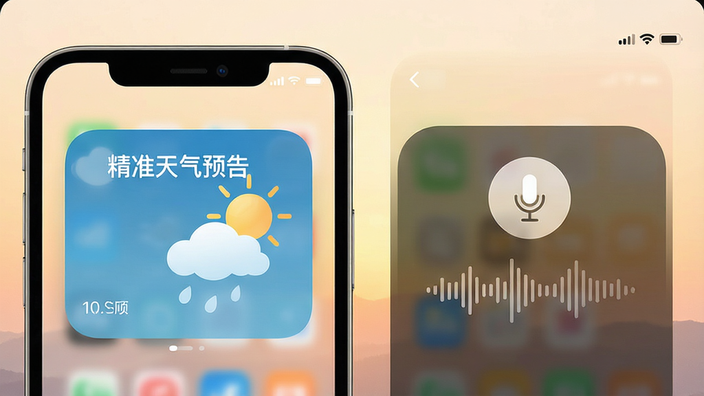 一张展示精准天气预告APP桌面小组件与语音播报功能的图片,画面左侧是手机桌面上的天气小组件,右侧是APP内部的语音播报界面,有麦克风图标和声波纹理,背景是柔和的晨光色调,风格温馨实用,画质清晰,文字标注“精准天气预告”,干净无多余元素