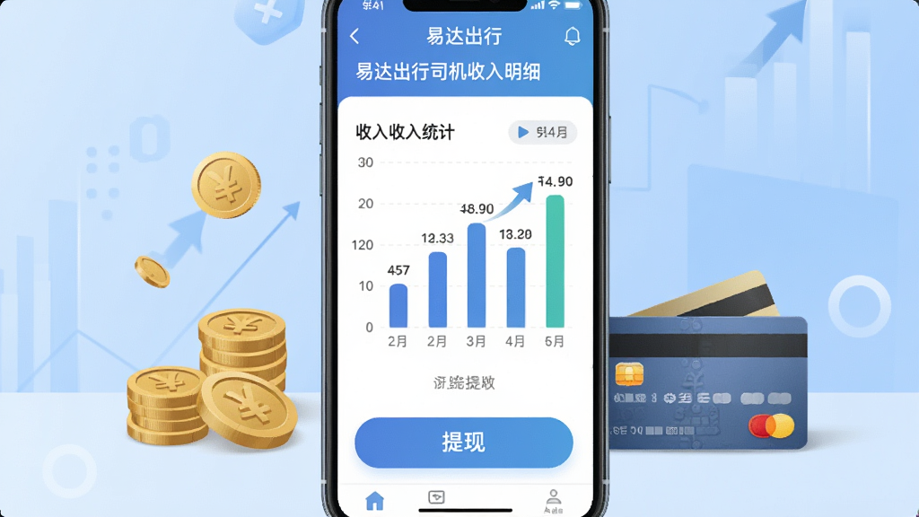 一张表现易达出行司机收入明细界面的图片,画面中手机屏幕显示着柱状收入统计图和提现按钮,旁边有金币和银行卡元素点缀,背景是柔和的渐变蓝色,风格简洁商务,细节包括数字标签和箭头指示,画质清晰干净,无多余元素
