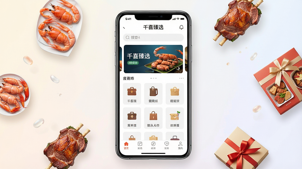 一张展示千喜臻选手机应用界面的概念图,画面中央是一部竖屏智能手机,屏幕上显示着“千喜臻选”APP首页,顶部有搜索栏与轮播图,中间是商品分类图标,底部是导航栏,手机周围散落着海鲜、烤肉、食品礼盒等小元素,背景为浅色渐变,整体布局干净整洁,风格现代简约,细节清晰,画质高清,干净无多余元素。