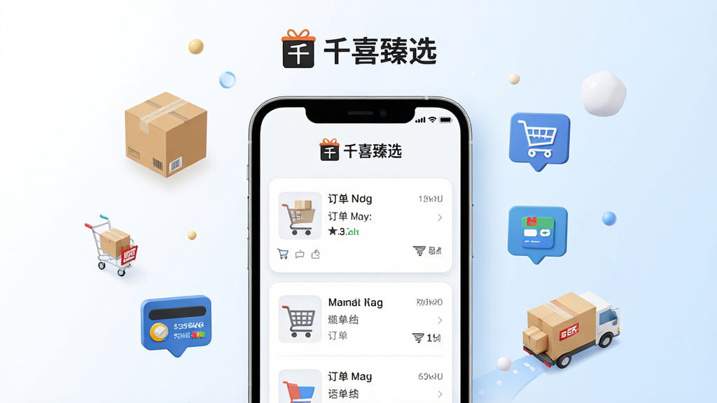 一张表现千喜臻选商城网购与订单管理功能的场景图,画面中央是手机屏幕显示购物车与订单列表,屏幕上方有“千喜臻选”标志,周围有快递盒、支付图标、物流车等小元素点缀,背景为白色到浅蓝色的渐变,布局整洁,风格现代科技感,细节清晰,画质高清,干净无多余元素。