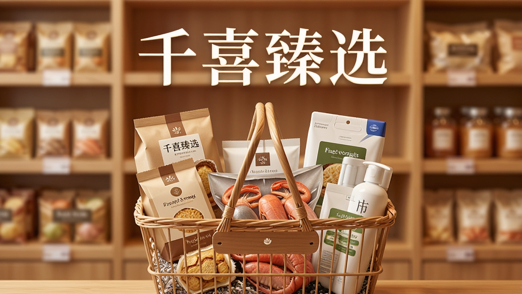 一张表现千喜臻选严选好物概念的场景图,画面主体是一个精致的购物篮,篮中摆放着包装好的食品、海鲜与日用品,购物篮上方悬浮着“千喜臻选”四个字,背景是柔和暖色调的货架虚影,布局居中对称,风格温馨写实,细节丰富,画质高清,干净无多余元素。
