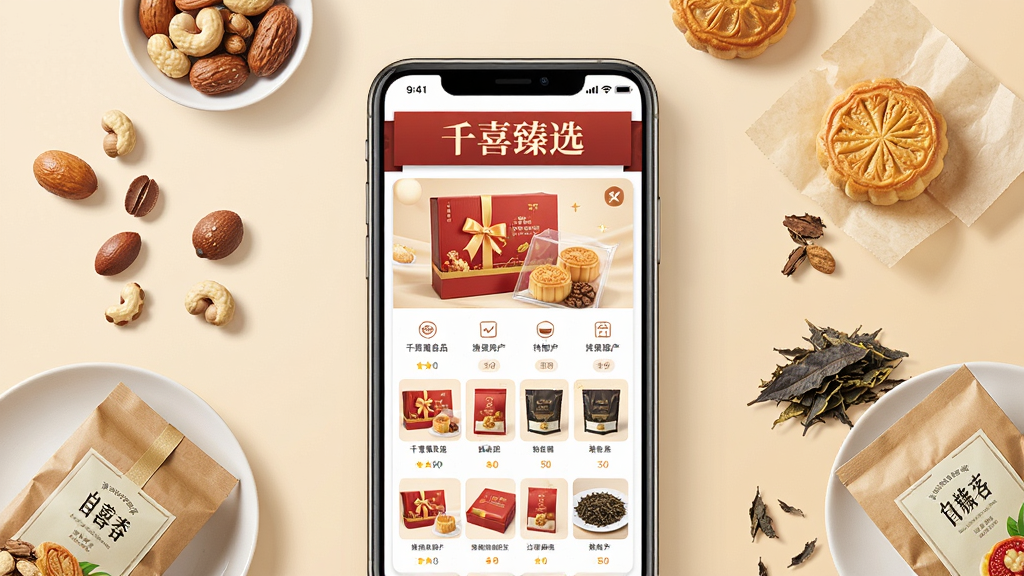 一张展示千喜臻选食品旗舰店专区的概念图,画面主体是手机屏幕显示食品礼盒与特产商品列表,屏幕上方有“千喜臻选”横幅,周围散落着坚果、糕点、茶叶等食品元素,背景为浅米色,布局错落有致,风格写实温馨,细节丰富,画质高清,干净无多余元素。