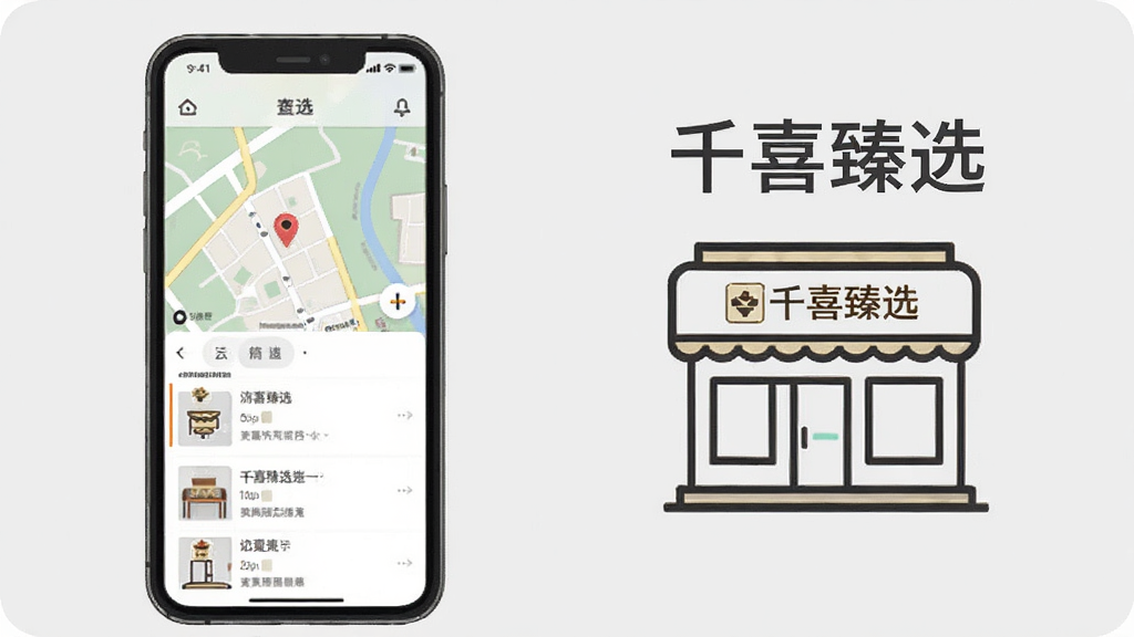 一张展示千喜臻选门店查询功能的界面示意图,画面中一部手机显示着地图与门店列表,手机旁边有餐厅门店的简笔画图标,图标上方标注“千喜臻选”字样,背景为浅灰色,布局清晰,风格扁平化,细节简洁,画质高清,干净无多余元素。