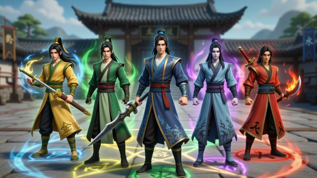 游戏界面截图风格,画面中央展示五位身着不同颜色门派服饰的武侠角色并排站立,分别代表金木水火土五行属性,角色周围环绕着对应的元素特效,背景为古代演武场,布局采用对称式构图,风格为3D国风武侠,细节包括角色服饰纹理清晰、武器造型各异、地面有五行阵法光效,画质为高清,画面干净,无多余元素