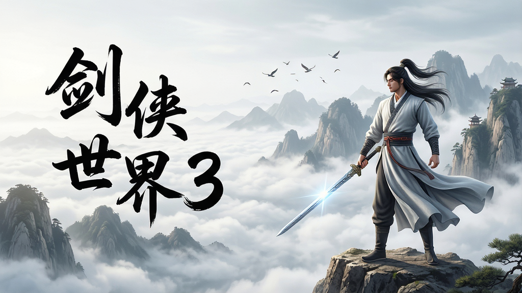 一幅恢弘的武侠世界全景图,主体为身着古装的剑客立于山巅,背景是层峦叠嶂的群山与云海,布局采用三分法构图,剑客位于画面右下,左侧留白处用行书字体书写“剑侠世界3”,排版错落有致,风格为中国传统水墨画与现代CG结合,细节包括剑客衣袂飘飘、长剑泛着寒光、远处有飞鸟掠过,画质为4K超高清,画面干净,无多余元素