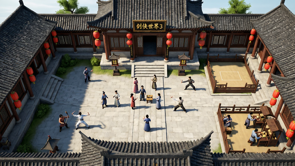 古代家族府邸场景,主体为一座气势恢宏的中式庭院,布局为俯视全景,庭院内有多名古装玩家角色在交谈、练武、交易,排版上庭院居中,四周有厢房与演武场,风格为国风写实,细节包括红灯笼高挂、匾额上写“剑侠世界3”、角色动作自然,画质为4K,画面干净,无多余元素