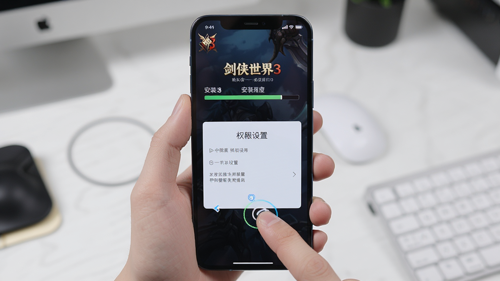 手机屏幕展示游戏安装教程界面,主体为一只手拿着手机,屏幕上显示“剑侠世界3”安装进度条与权限设置页面,布局为居中特写,排版上手机占据画面主体,风格为现代科技感,细节包括手机界面清晰、手指点击屏幕、背景为简约桌面,画质为高清,画面干净,无多余元素