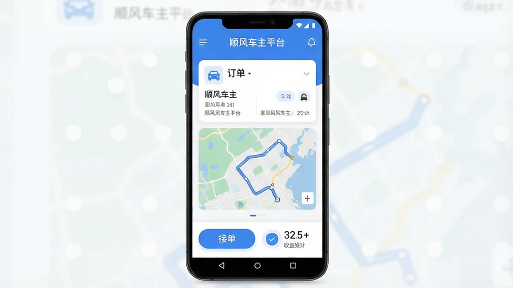 一张展示顺风车主平台手机应用界面的预览图,主体为一部竖屏安卓手机,屏幕内显示顺风车主平台的主页,页面顶部有\