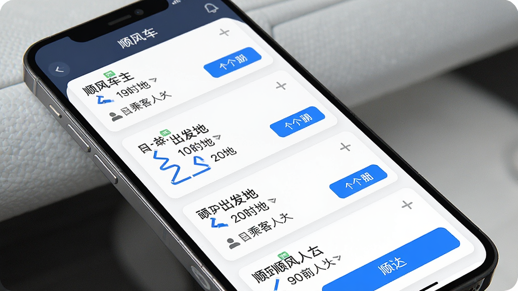 一张展示顺风车主平台智能订单推送功能的界面图,主体为手机屏幕,屏幕内显示多条顺路订单卡片,每张卡片上有出发地、目的地、时间和乘客人数信息,布局为纵向列表排列,风格为简洁现代的移动端UI,细节包括蓝色高亮按钮、路线小图标、清晰的文字排版,画质高清,干净,无多余元素
