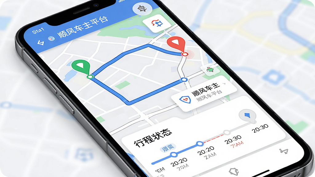一张展示顺风车主平台行程管理与导航功能的界面图,主体为手机屏幕,屏幕内显示地图路线和行程卡片,地图上有起点终点标记和路线连线,下方有行程状态时间轴,布局为上下结构,风格为现代地图导航UI,细节包括蓝色路线、绿色起点标记、红色终点标记、清晰的文字信息,画质高清,干净,无多余元素