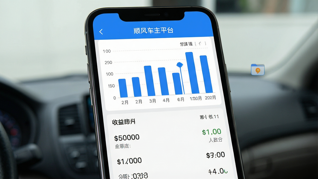 一张展示顺风车主平台收益统计功能的界面图,主体为手机屏幕,屏幕内显示柱状图和收益数据列表,图表上方有\