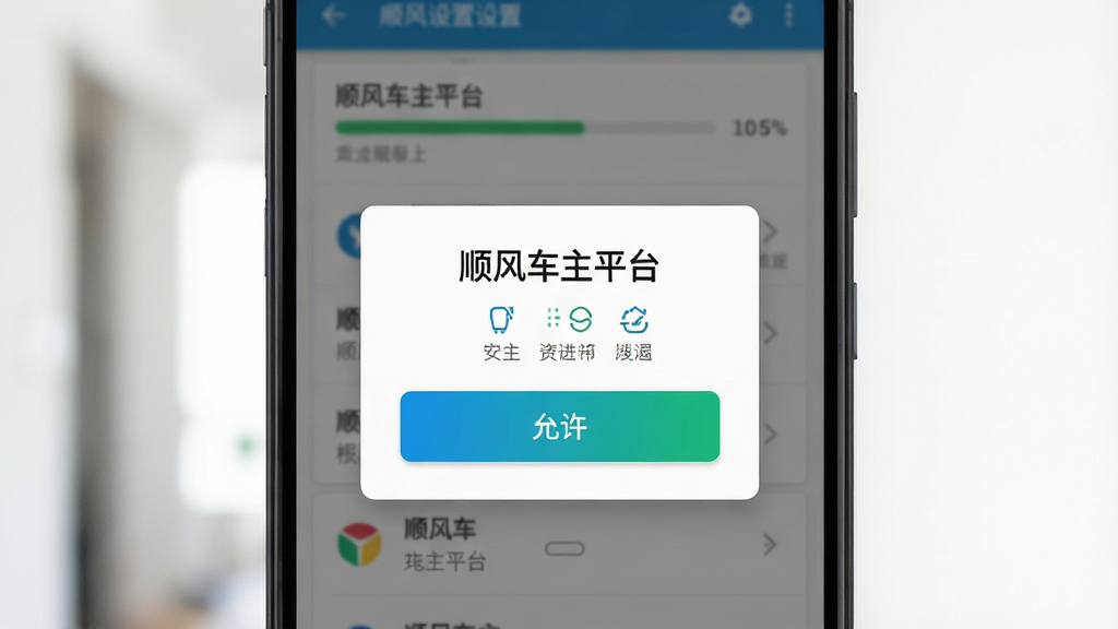 一张展示顺风车主平台在安卓手机上安装和权限设置的示意图,主体为手机屏幕,屏幕内显示安装进度条和权限授权弹窗,布局为居中弹窗加背景模糊,风格为简洁的操作指引UI,细节包括\
