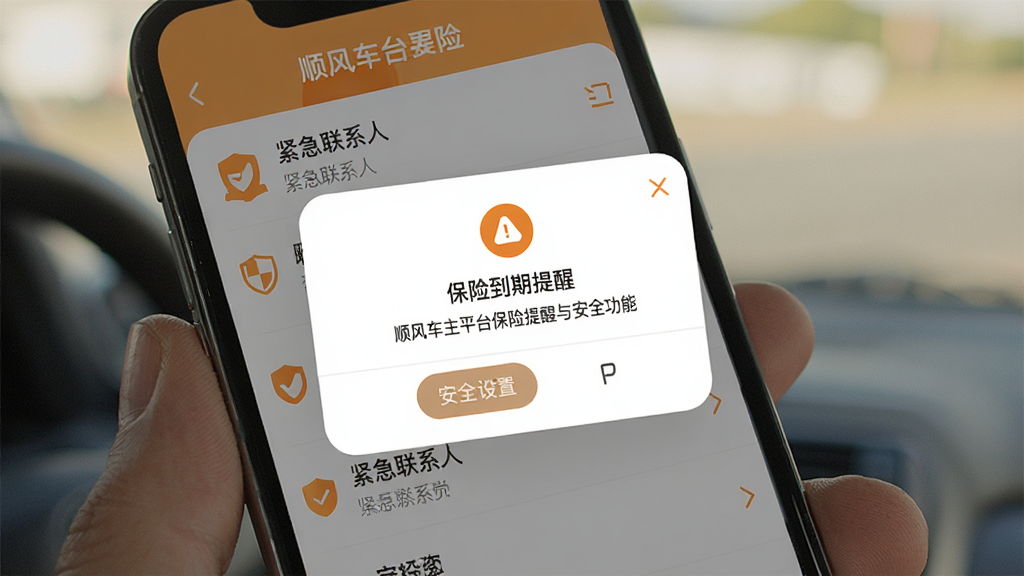 一张展示顺风车主平台保险提醒与安全功能的界面图,主体为手机屏幕,屏幕内显示保险到期提醒弹窗和紧急联系人设置页面,布局为居中弹窗加背景列表,风格为温馨安全的移动端UI,细节包括橙色提醒图标、盾牌安全图标、清晰的文字说明,画质高清,干净,无多余元素