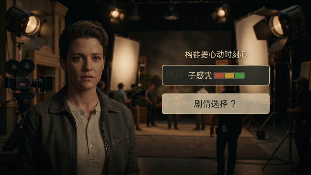 好莱坞心动时刻 剧情选择界面 画面中央显示两个对话选项按钮 背景为好莱坞片场布景 左侧角色半身像 右侧好感度指示条 风格为写实美剧质感 深色基调配暖色灯光 画面干净 无多余元素 高清画质
