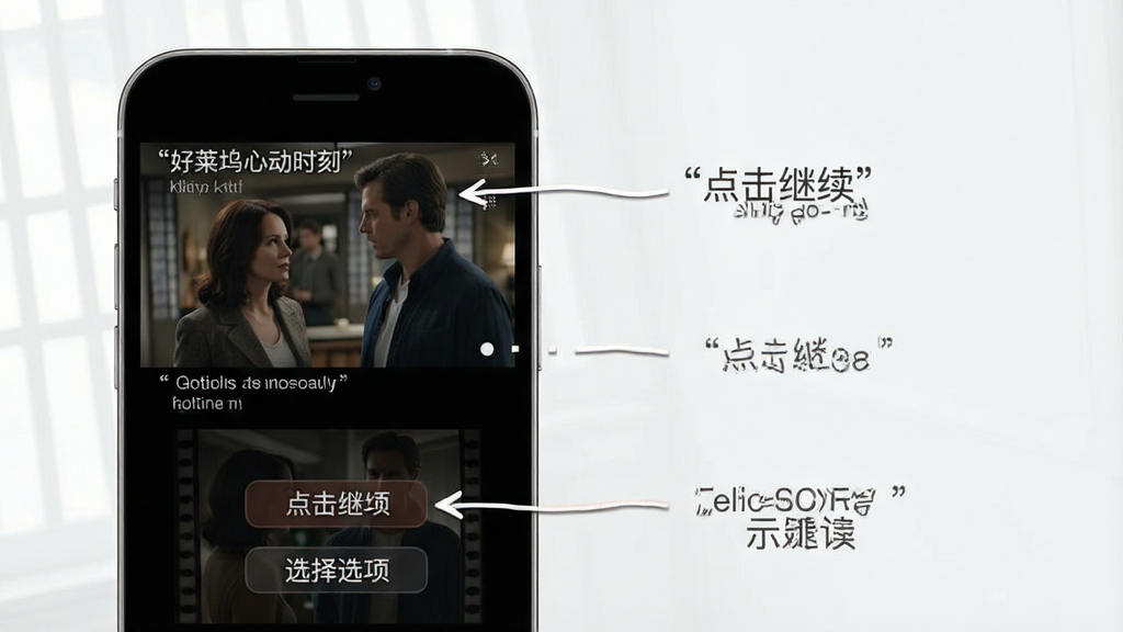 好莱坞心动时刻 手机端操作指引示意图 画面展示手机屏幕内剧情对话界面 标注点击推进与选项选择区域 背景简洁 风格清晰直观 文字标注使用引号
