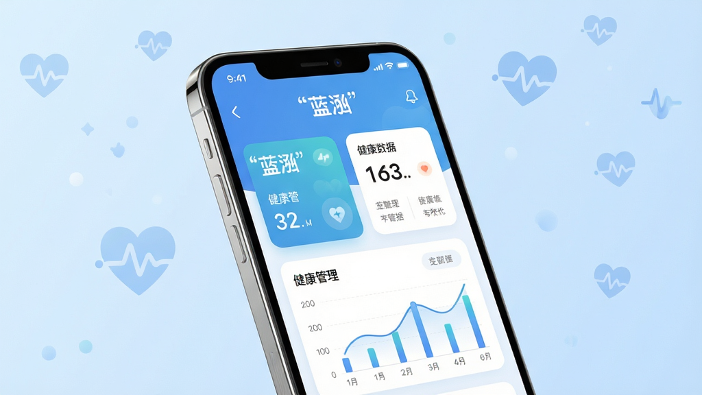 画面主体为一部智能手机,屏幕中显示蓝泓APP的首页界面,包含健康数据卡片和图表。布局采用居中构图,手机略微倾斜展示立体感。排版上,背景为柔和的浅蓝色渐变,点缀细微的抽象健康符号。风格为现代科技感与清新简约结合。细节上,手机边缘有轻微高光反射,屏幕内文字使用引号标注“蓝泓”和“健康管理”。画质清晰,干净,无多余元素。