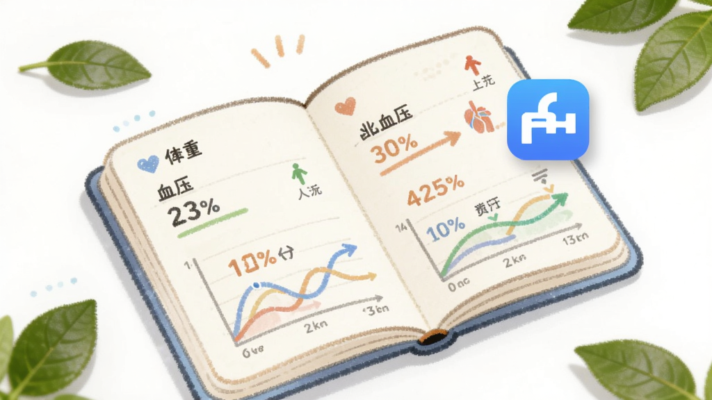 画面主体为一本展开的虚拟健康手账,页面上浮动显示体重、血压等数据曲线和蓝泓APP的图标。布局采用对角线构图,手账位于画面中央。排版上,背景为干净的白色桌面,散落几片绿叶。风格为温馨手绘风与数字科技融合。细节上,数据曲线用柔和的彩色线条表示,APP图标带有轻微阴影。画质清晰,干净,无多余元素。