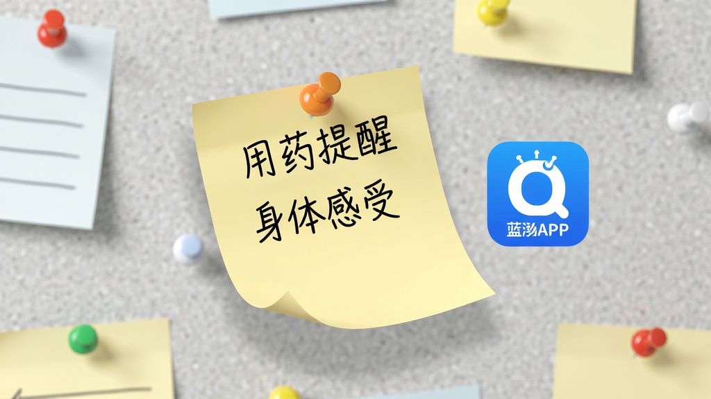 画面主体为一个悬浮的便签纸,便签纸上写有“用药提醒”和“身体感受”等字样,旁边是蓝泓APP的图标。布局采用散点式构图,便签纸错落有致。排版上,背景为浅灰色软木板,钉着几颗彩色图钉。风格为清新办公文具风。细节上,便签纸边缘微微卷起,字迹清晰。画质清晰,干净,无多余元素。