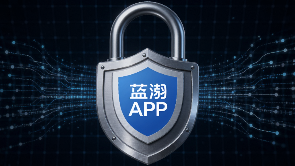 画面主体为一个带有盾牌图案的锁头,锁头表面印有蓝泓APP的Logo,背景是抽象的数据流线条。布局采用居中构图,锁头占据视觉中心。排版上,背景为深色科技网格。风格为安全防护主题。细节上,盾牌有金属光泽,数据流为淡蓝色。画质清晰,干净,无多余元素。