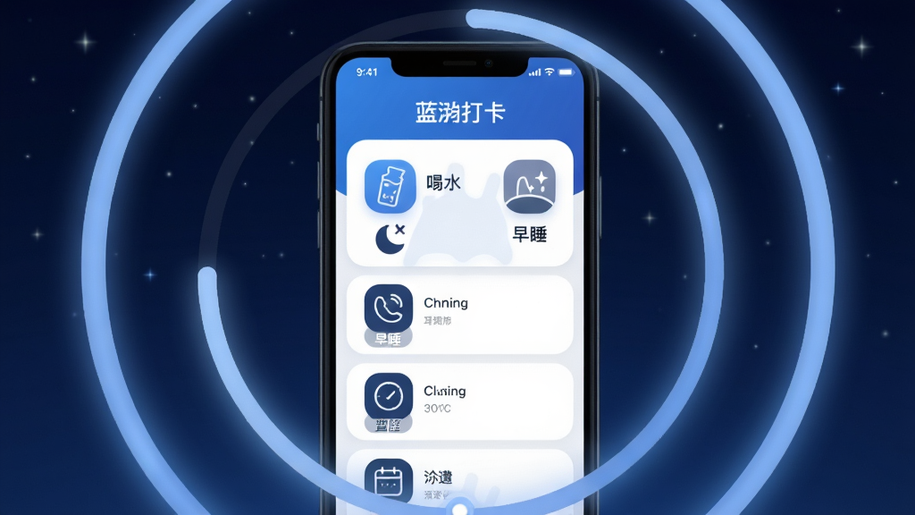 画面主体为一个圆形进度条围绕的手机屏幕,屏幕中显示蓝泓APP的习惯打卡列表,包含喝水、早睡等图标。布局采用中心对称构图。排版上,背景为深蓝色夜空,点缀微弱的星光。风格为激励人心的暗色系科技风。细节上,进度条发出柔和的蓝光,图标为简洁的白色线条。画质清晰,干净,无多余元素。
