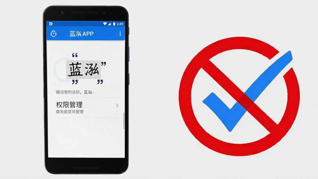 画面主体为一部安卓手机,屏幕显示蓝泓APP的设置界面,旁边有一个红色禁止符号和蓝色对勾符号。布局采用左右对比构图。排版上,背景为简洁的浅灰色。风格为教程说明图。细节上,红色禁止符号代表错误操作,蓝色对勾代表正确操作,手机屏幕中文字使用引号标注“蓝泓”和“权限管理”。画质清晰,干净,无多余元素。