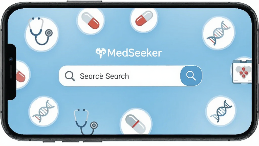 一张展示MedSeeker应用主界面的手机屏幕截图,画面中央为智能搜索框,背景为浅蓝色渐变,周围环绕着医学图标如听诊器、药丸、DNA双螺旋等元素,整体风格简洁专业,画质清晰干净,无多余装饰元素