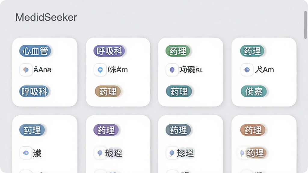 MedSeeker应用中的收藏夹界面,展示多个以卡片形式排列的医学知识点,每张卡片带有标签如“心血管”“呼吸科”“药理”等,背景为浅灰色,卡片为白色圆角矩形,整体排版整洁,画质清晰